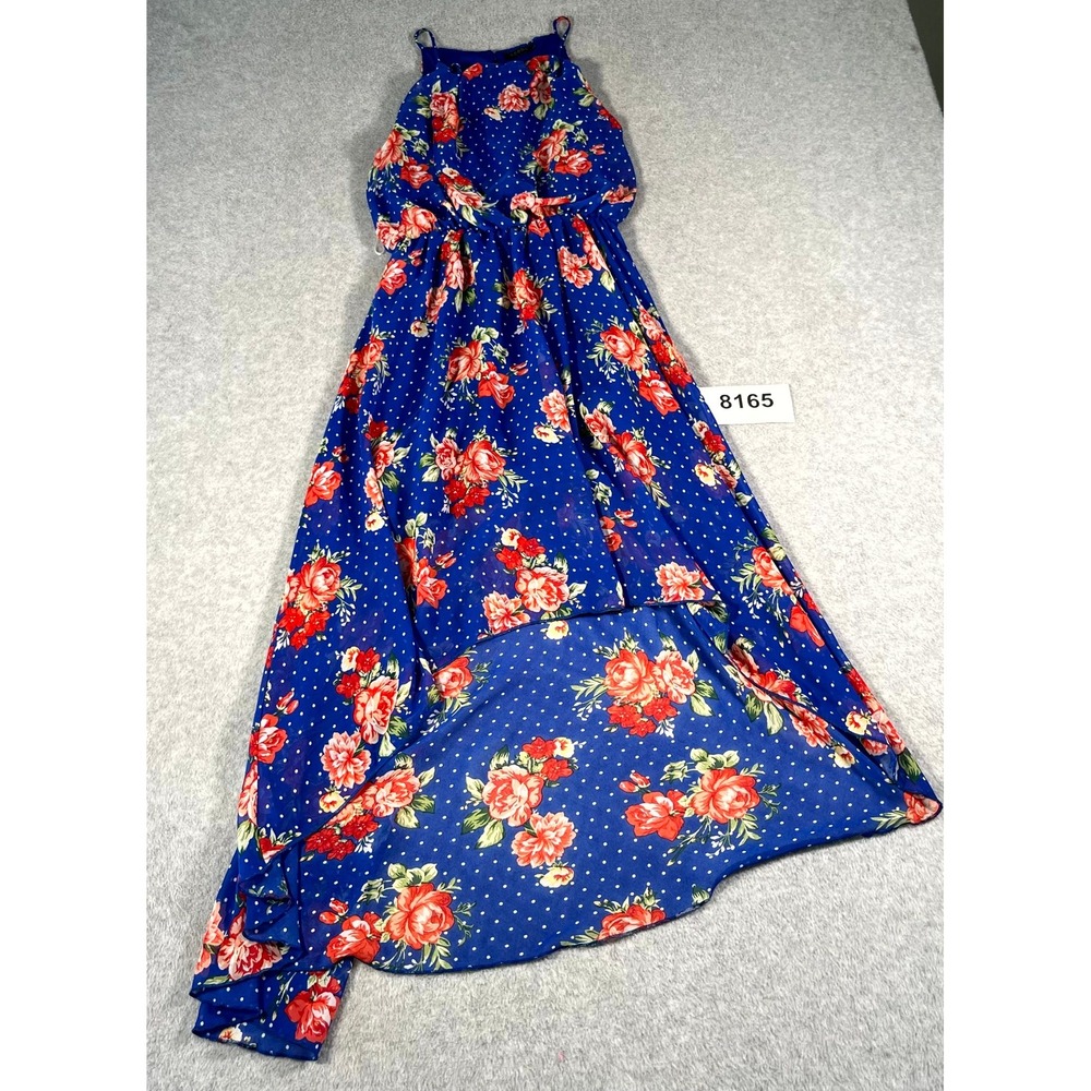 Scobe Maxi Dress Womens Large Blue Floral Polka Dot Halter Neck Asymmetrical Hem